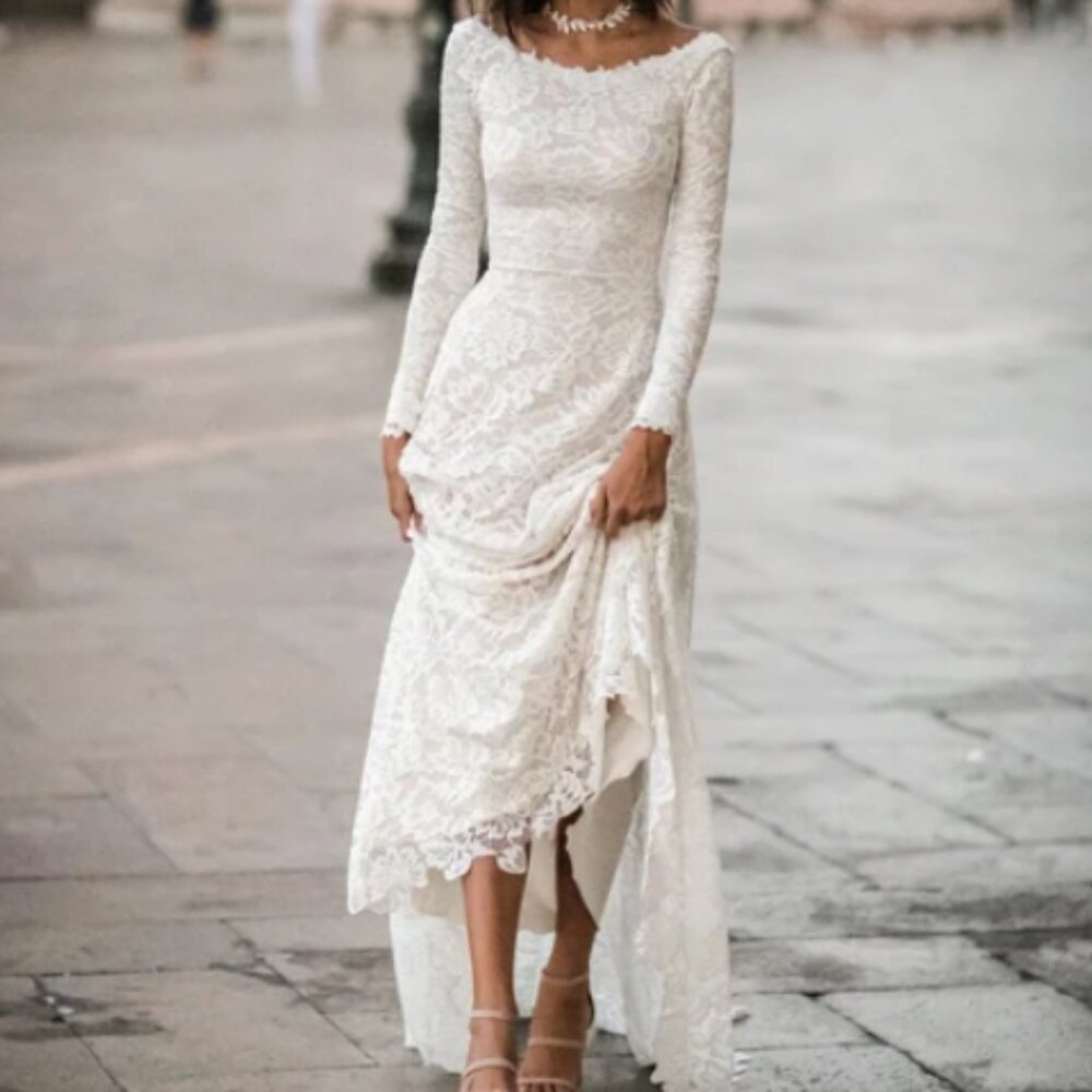 NEVER WORN Lace Long Sleeve Boatneck Modest Wedding Dress | White Sheer Gown